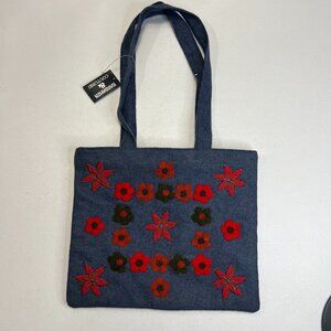 Barganza & Couture Embroidered Felt Blue Tote Bag Floral Boho Cottagecore VTG